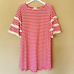 Umgee Women Small Tshirt Dress Fringe Sleeve Pockets Pink & White Stripe Casual